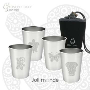 Ensemble 4 timbales 200 ml inox & leur housse . Animaux Mandala . Joli Monde