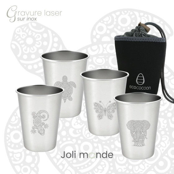 Ensemble 4 timbales 200 ml inox & leur housse . Animaux Mandala . Joli Monde