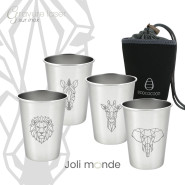 Ensemble 4 timbales 200 ml inox & leur housse . Animaux Mandala . Joli Monde