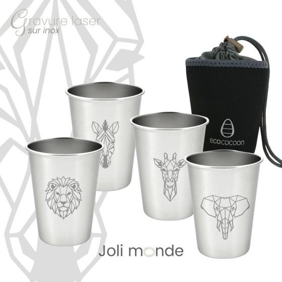 Ensemble 4 timbales 200 ml inox & leur housse . Animaux Mandala . Joli Monde