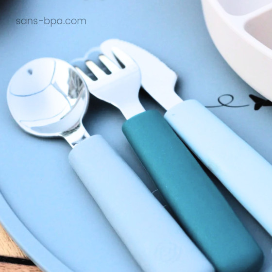Couverts Bambin 2 ans . Fourchette & cuillère inox & silicone