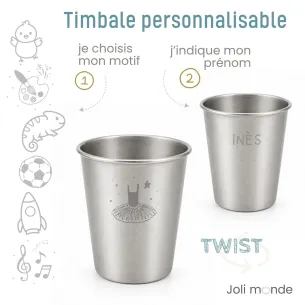 Timbale inox personnalisée prénom gravure laser, motif au choix : parfait pour l'école et la crèche !