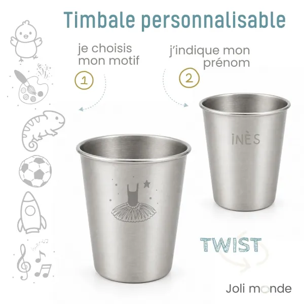 Timbale inox personnalisée prénom gravure laser, motif au choix : parfait pour l'école et la crèche !