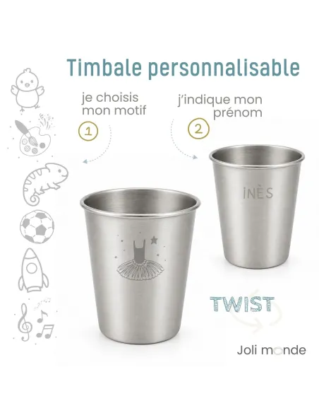 Timbale inox personnalisée prénom gravure laser, motif au choix : parfait pour l'école et la crèche !