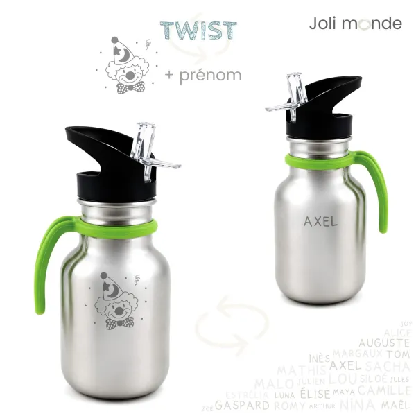 Gourde enfant 350 ml Inox prénom + motif . Bouchon sport & paille . JOLI MONDE| Sans BPA