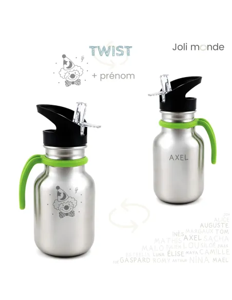 Gourde enfant 350 ml Inox prénom + motif . Bouchon sport & paille . JOLI MONDE| Sans BPA