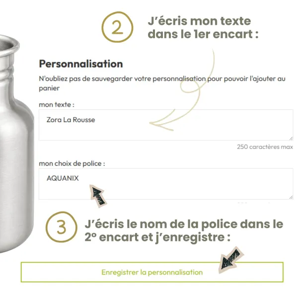 Gourde enfant 350 ml Inox prénom + motif . Bouchon sport & paille . JOLI MONDE| Sans BPA