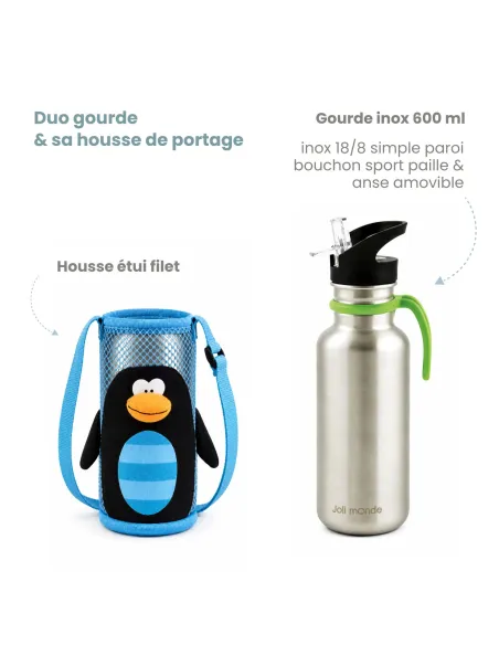 ensemble gourde inox et sa gaine de portage parfait pour l'école et les activités extra-scolaire !