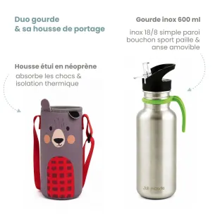 ensemble gourde inox et sa gaine de portage parfait pour l'école et les activités extra-scolaire !