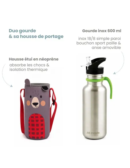 ensemble gourde inox et sa gaine de portage parfait pour l'école et les activités extra-scolaire !
