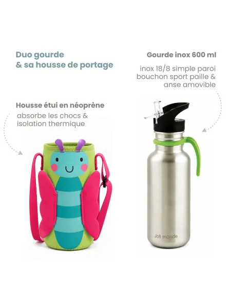 ensemble gourde inox et sa gaine de portage parfait pour l'école et les activités extra-scolaire !