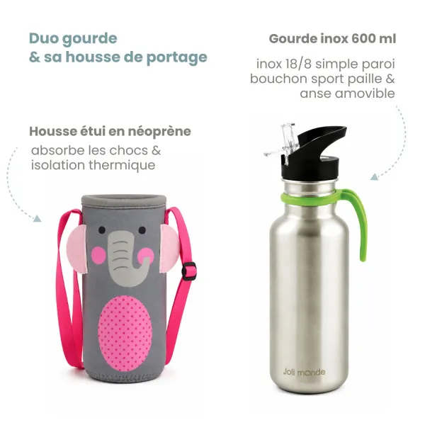 ensemble gourde inox et sa gaine de portage parfait pour l'école et les activités extra-scolaire !