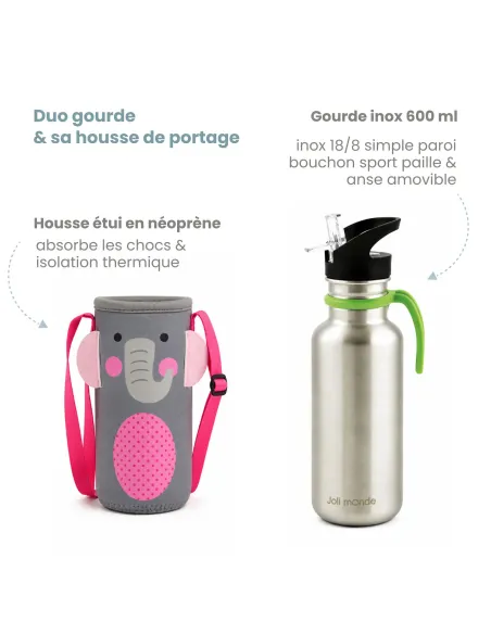 ensemble gourde inox et sa gaine de portage parfait pour l'école et les activités extra-scolaire !