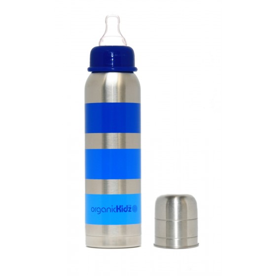 Biberon inox Isotherme Goulot Etroit 270 ml - RAYURES BLEU - ORGANIC KIDZ