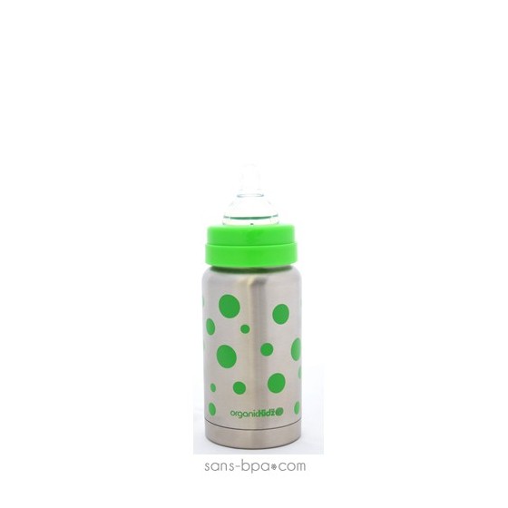Biberon isotherme inox Goulot Large 200 ml - Pois Verts - Organic Kidz