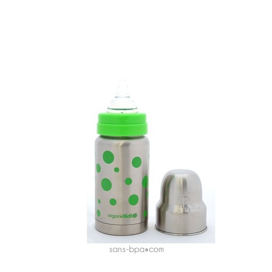 Biberon isotherme inox Goulot Large 200 ml - Pois Verts - Organic Kidz