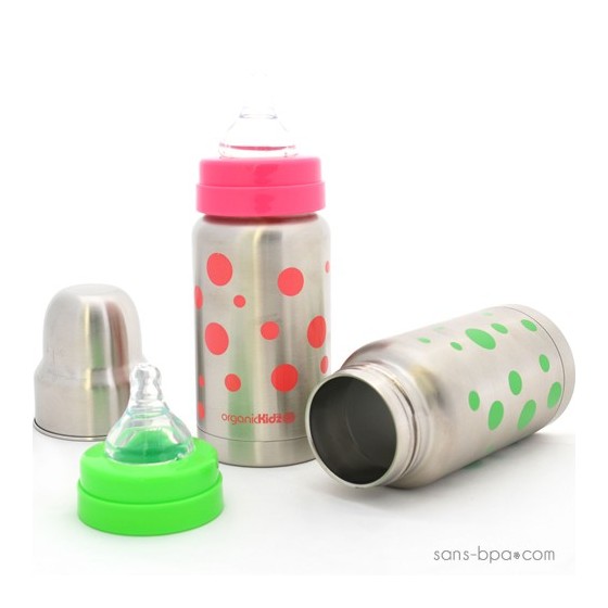 Biberon isotherme inox Goulot Large 200 ml - Pois Verts - Organic Kidz