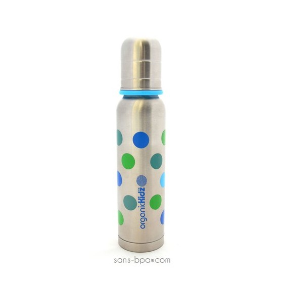 Biberon inox Isotherme Goulot Etroit 270 ml - POIS BLEUS - ORGANIC KIDZ