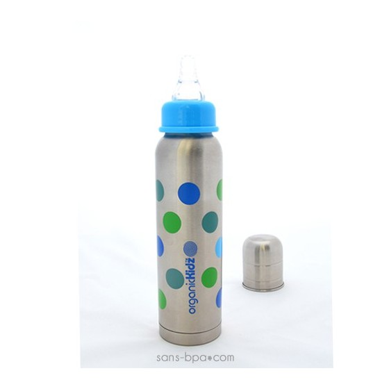 Biberon inox Isotherme Goulot Etroit 270 ml - POIS BLEUS - ORGANIC KIDZ
