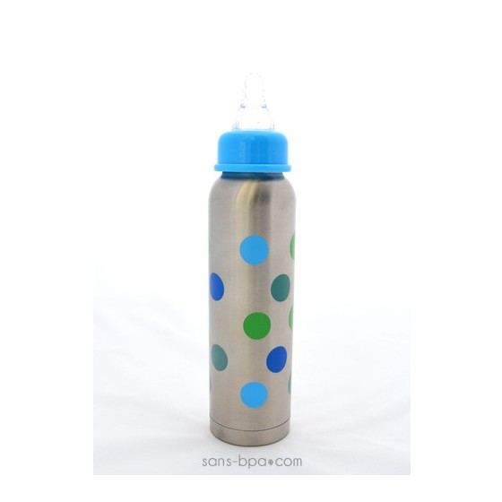 Biberon inox Isotherme Goulot Etroit 270 ml - POIS BLEUS - ORGANIC KIDZ