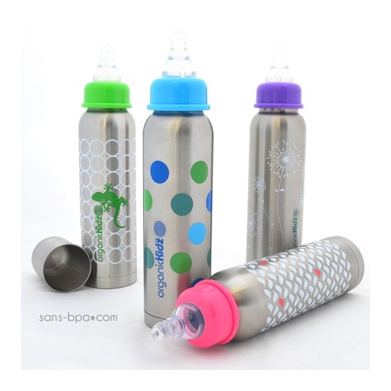 Biberon inox Isotherme Goulot Etroit 270 ml - POIS BLEUS - ORGANIC KIDZ